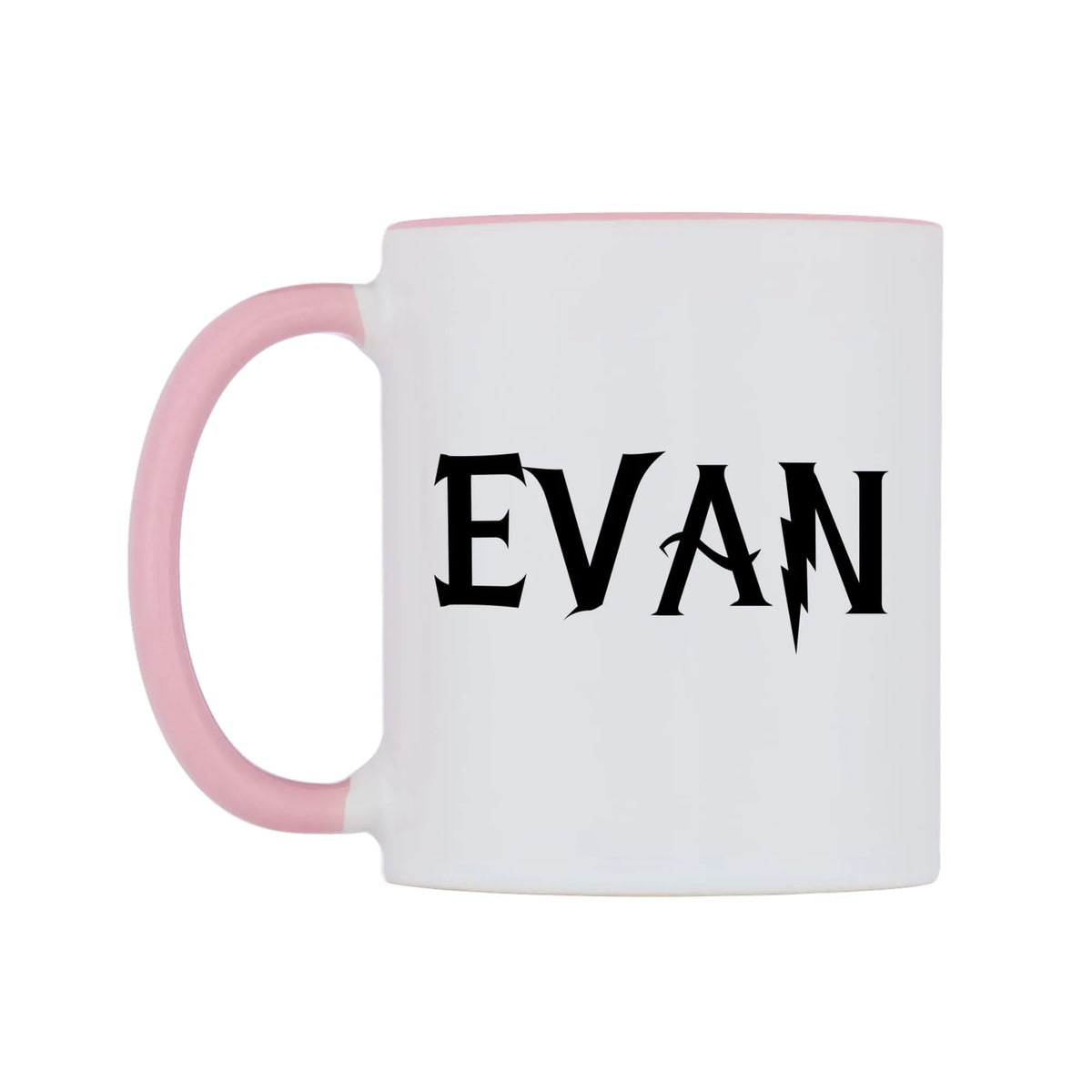 Evan - Wizard Themed Mug — white 11oz gloss mug with a pink inside and handle, right side, on a white background