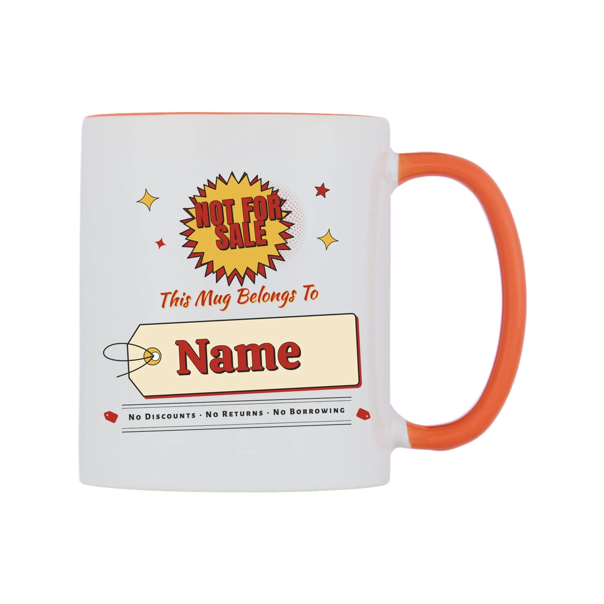 Not For Sale Swing Tag Mug — white 11oz gloss mug with a orange inside and handle, on a white background