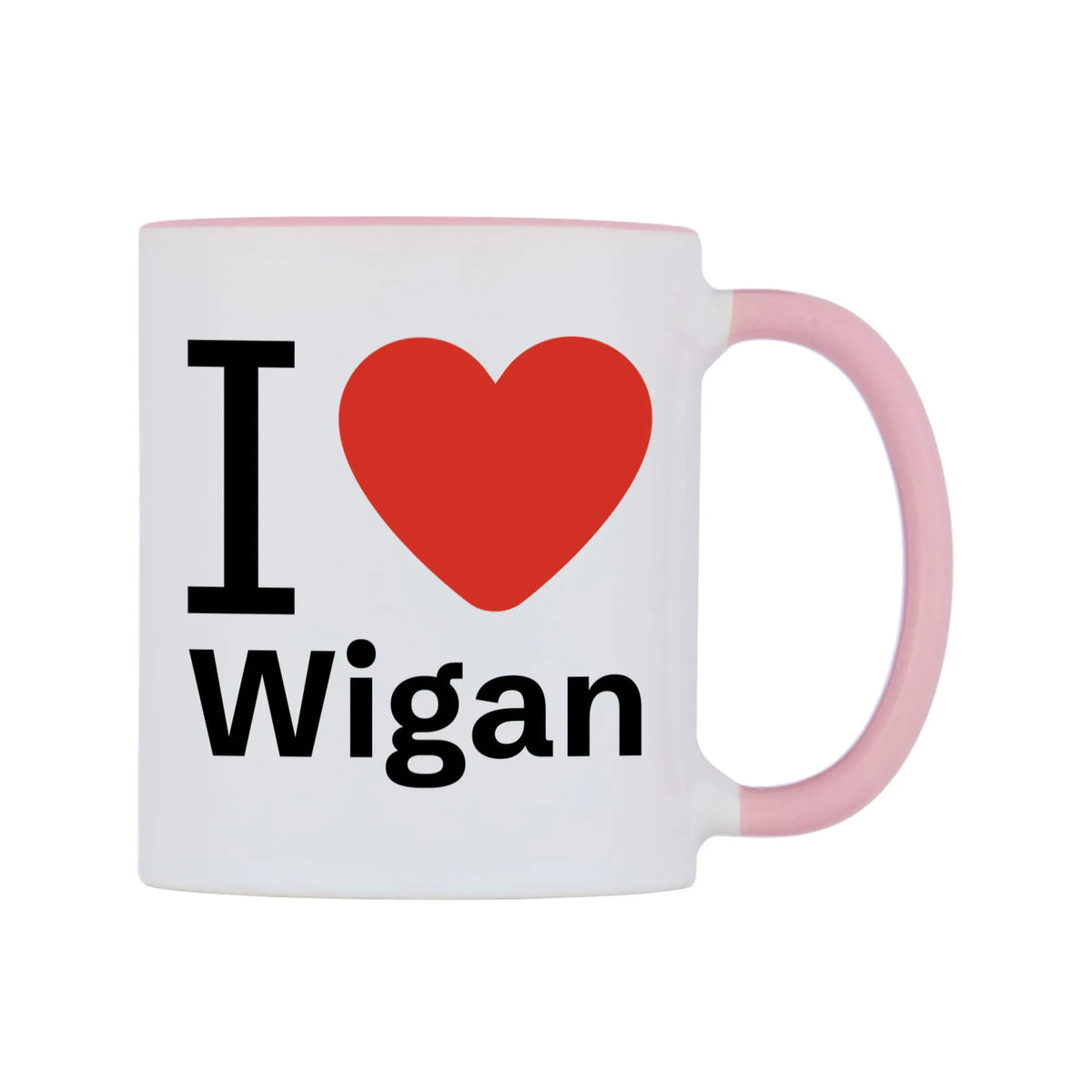I Love Wigan Mug — white 11oz gloss mug with a pink inside and handle, left side, on a white background