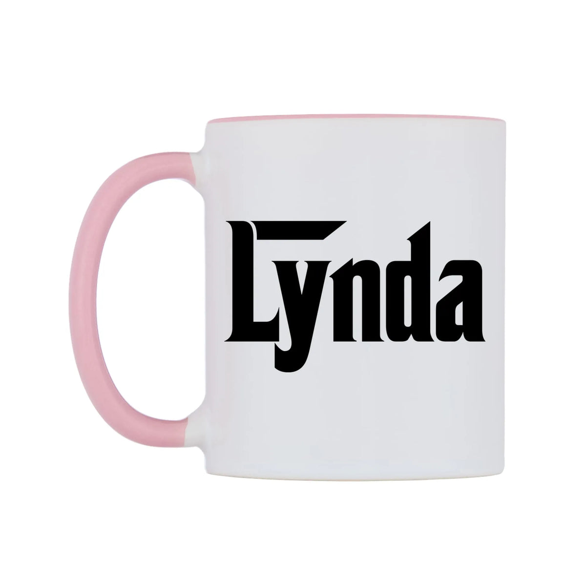 Lynda - Godfather Themed Mug — white 11oz gloss mug with a pink inside and handle, right side, on a white background