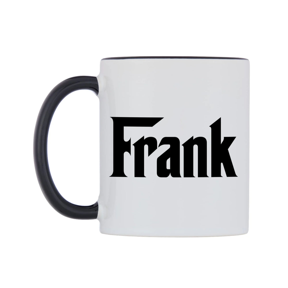Frank - Godfather Themed Mug — white 11oz gloss mug with a black inside and handle, right side, on a white background