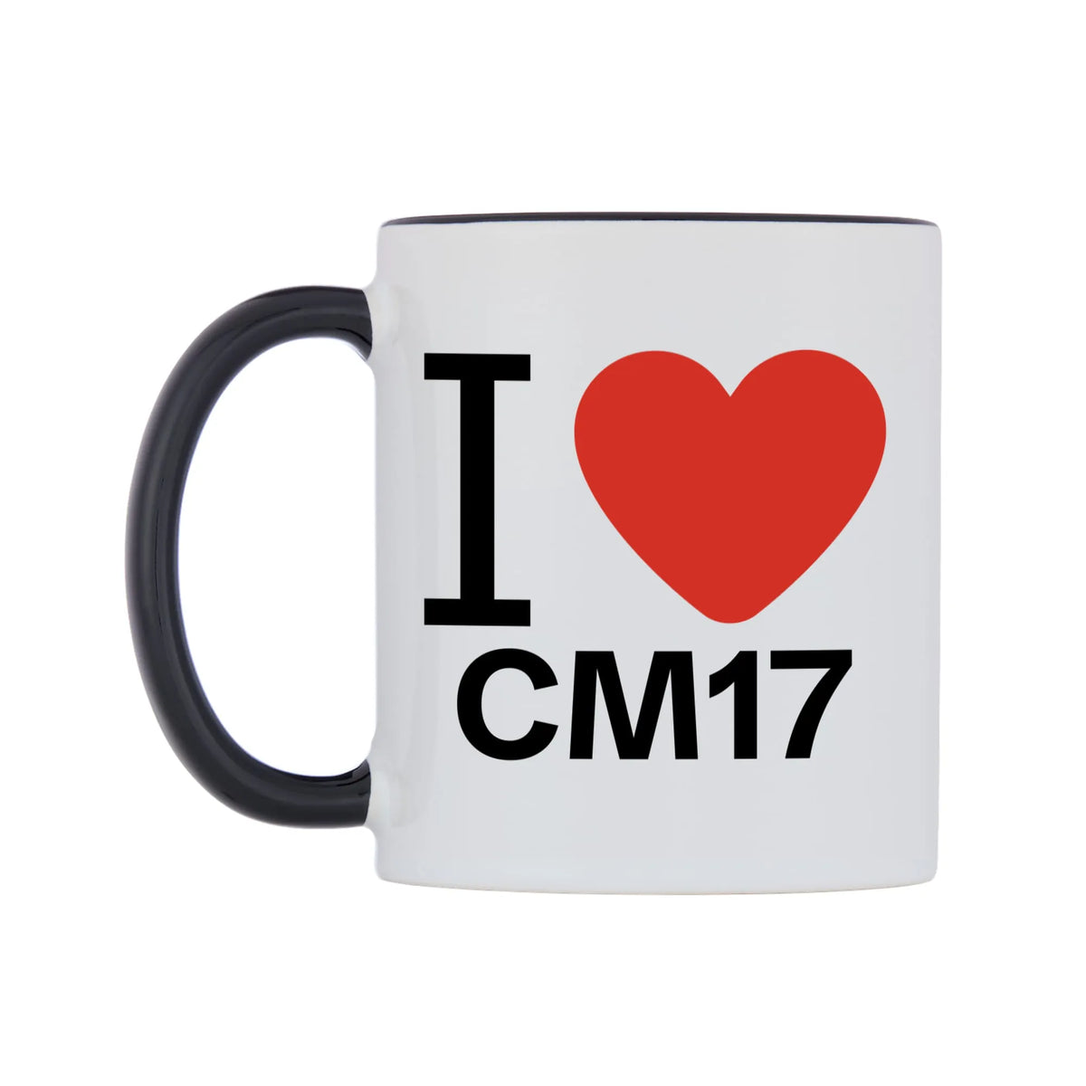 I Love CM17 Mug — white 11oz gloss mug with a black inside and handle, right side, on a white background