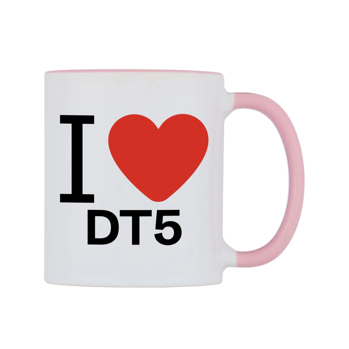 I Love DT5 Mug — white 11oz gloss mug with a pink inside and handle, left side, on a white background
