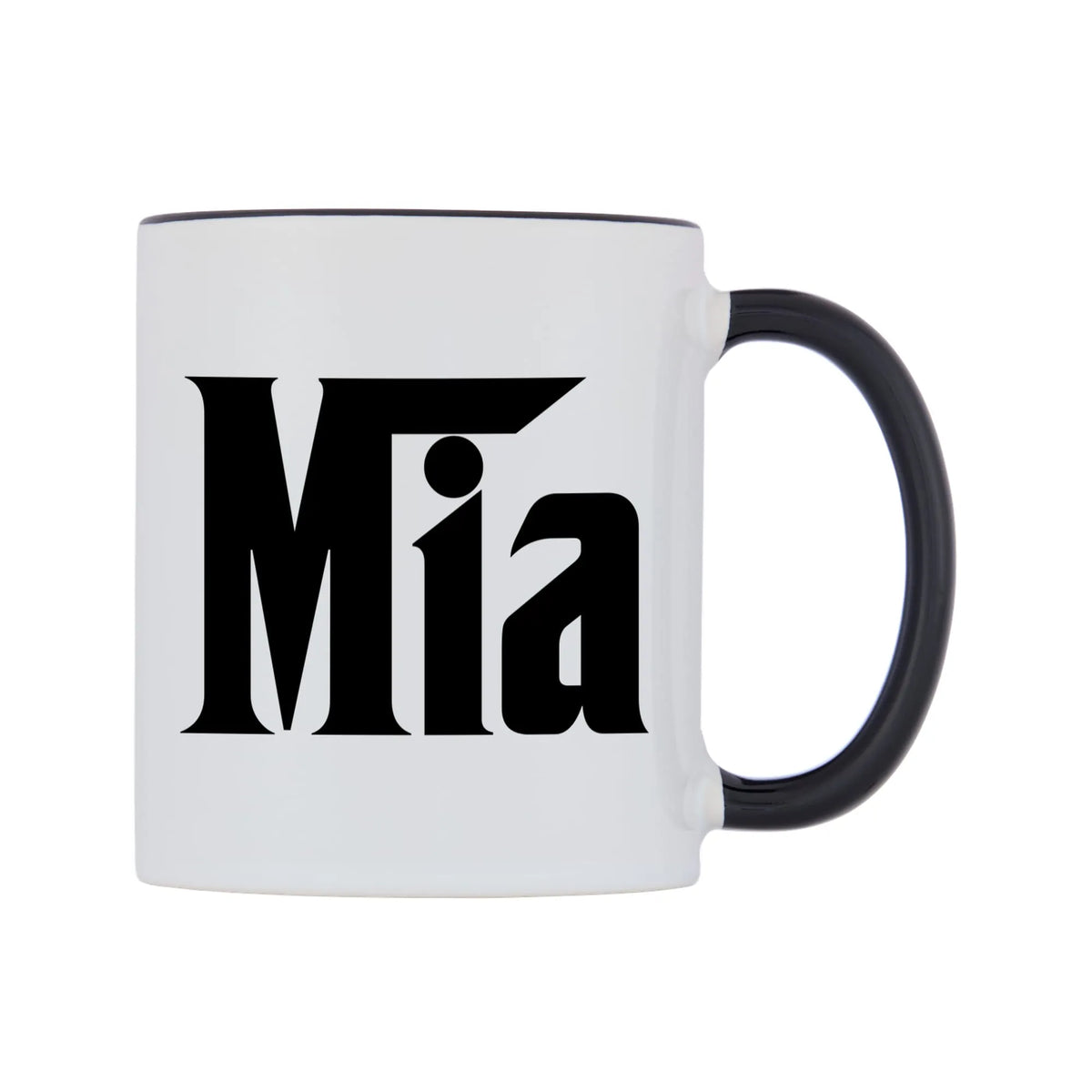 Mia - Godfather Themed Mug — white 11oz gloss mug with a black inside and handle, left side, on a white background