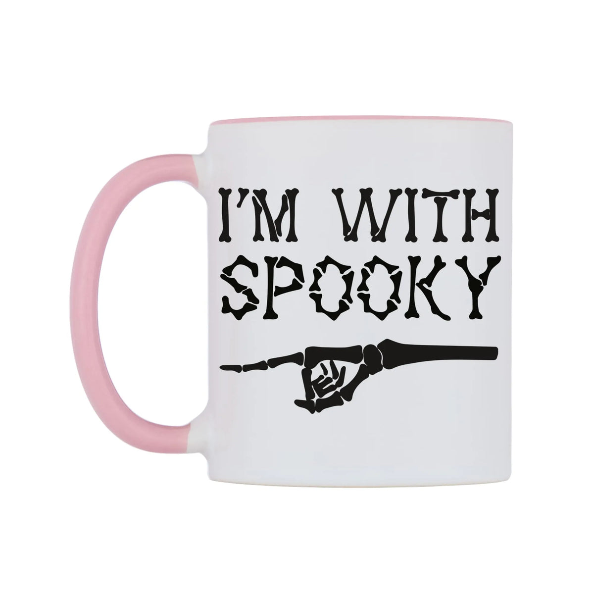 I'm With Spooky Mug — white 11oz gloss mug with a pink inside and handle, right side, on a white background