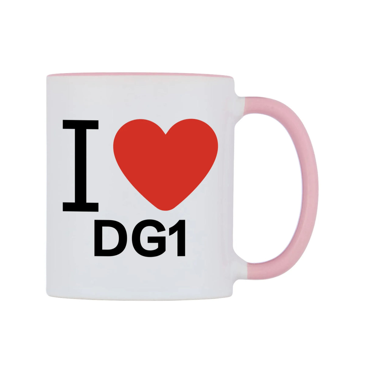 I Love DG1 Mug — white 11oz gloss mug with a pink inside and handle, left side, on a white background