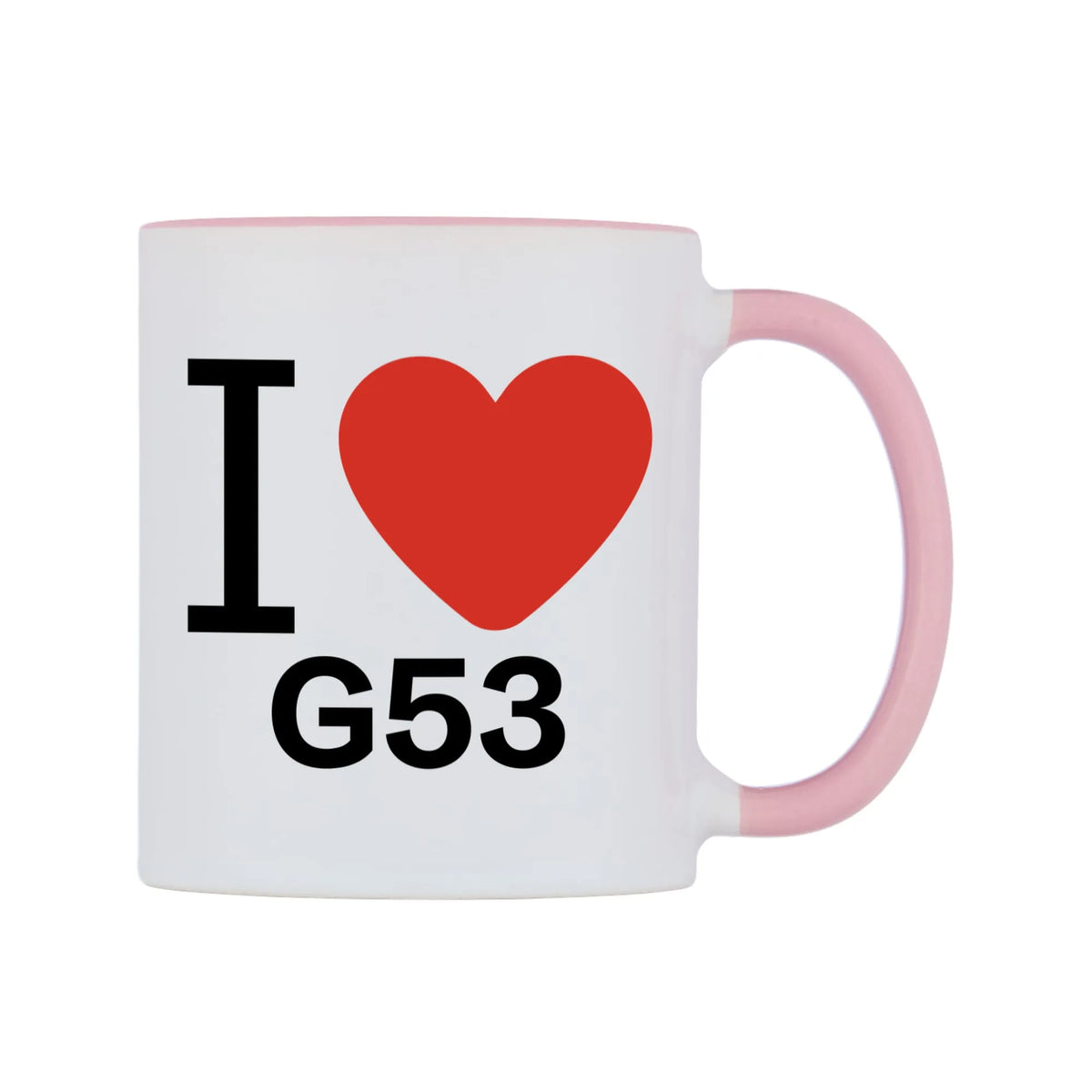 I Love G53 Mug — white 11oz gloss mug with a pink inside and handle, left side, on a white background
