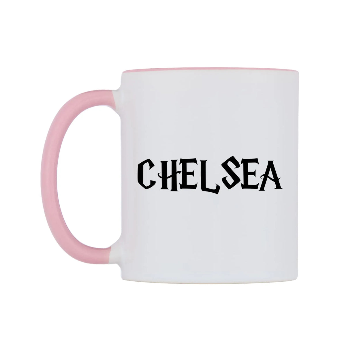 Chelsea - Wizard Themed Mug — white 11oz gloss mug with a pink inside and handle, right side, on a white background