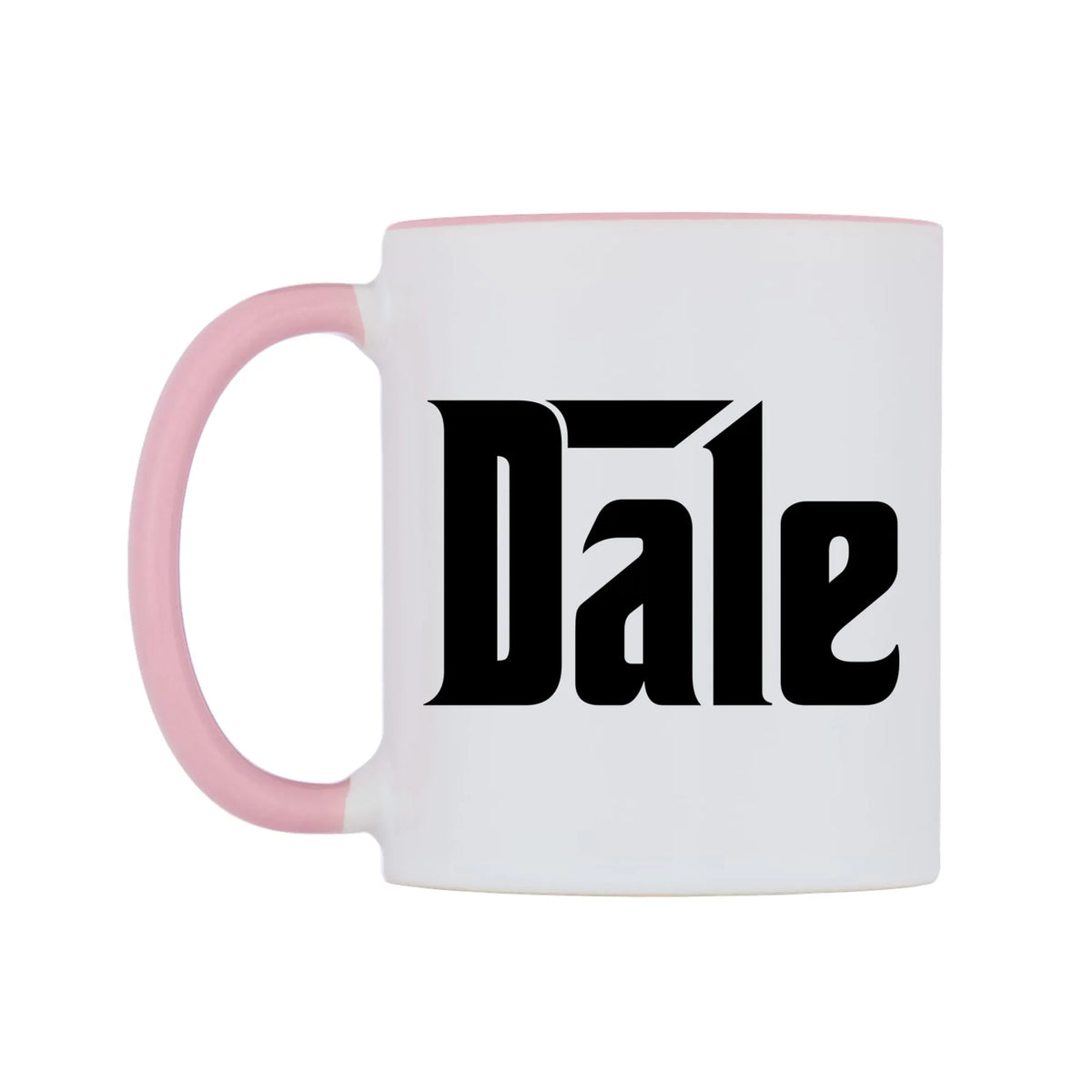 Dale - Godfather Themed Mug — white 11oz gloss mug with a pink inside and handle, right side, on a white background