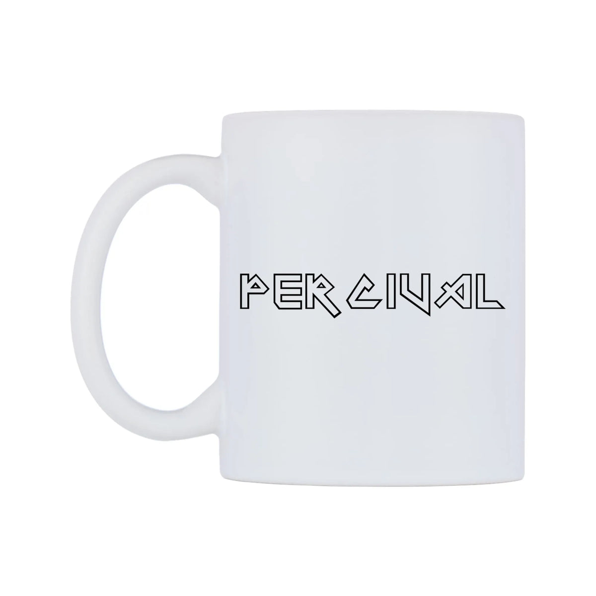 Percival - Iron Maiden Themed Mug — white 11oz gloss mug, right side, on a white background