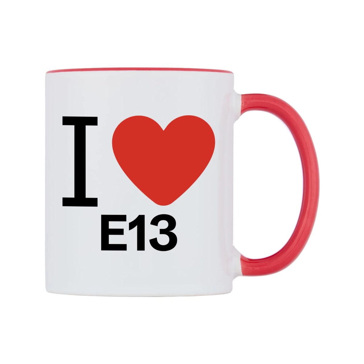 I Love E13 Mug — white 11oz gloss mug with a red inside and handle, left side, on a white background