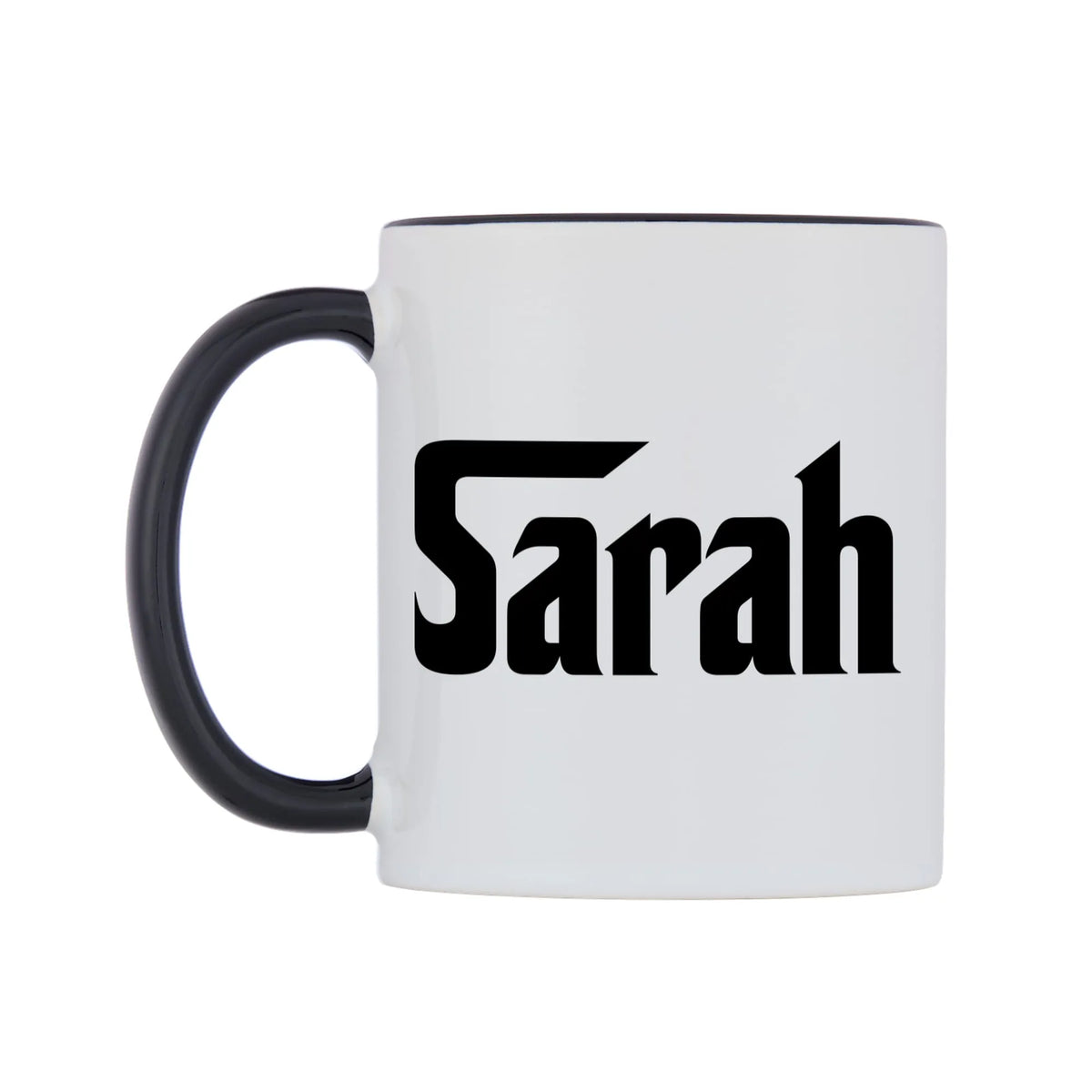 Sarah - Godfather Themed Mug — white 11oz gloss mug with a black inside and handle, right side, on a white background