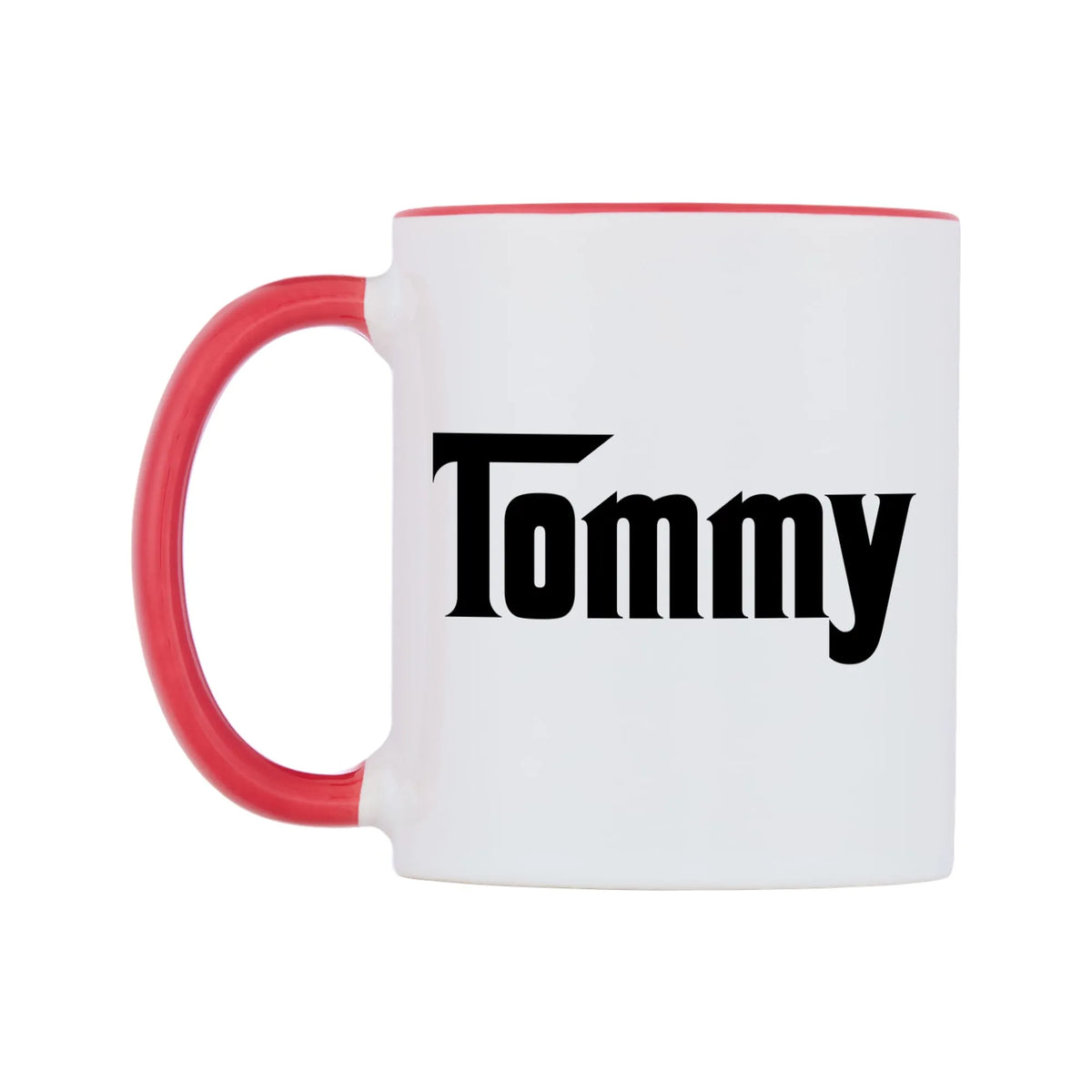 Tommy - Godfather Themed Mug — white 11oz gloss mug with a red inside and handle, right side, on a white background