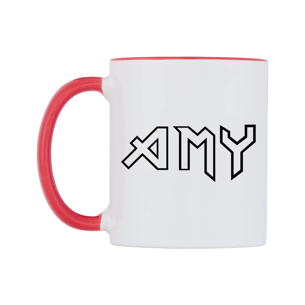 Amy - Iron Maiden Themed Mug — white 11oz gloss mug with a red inside and handle, right side, on a white background