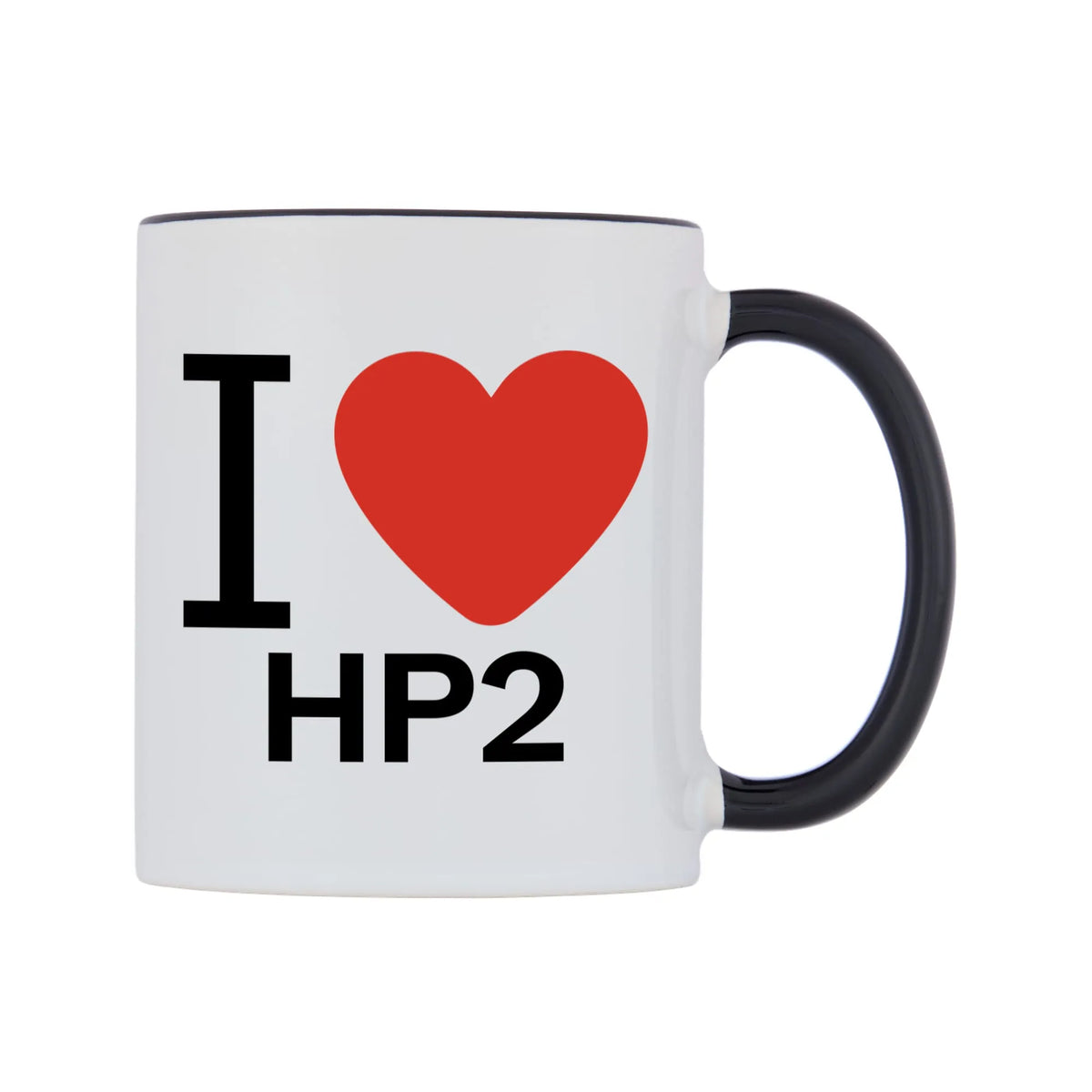 I Love HP2 Mug — white 11oz gloss mug with a black inside and handle, left side, on a white background