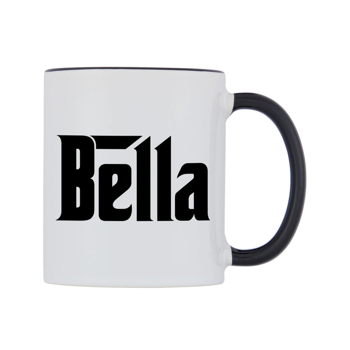 Bella - Godfather Themed Mug — white 11oz gloss mug with a black inside and handle, left side, on a white background