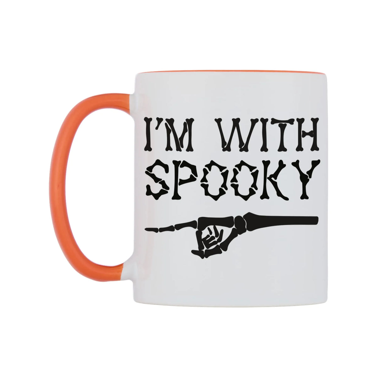 I'm With Spooky Mug — white 11oz gloss mug with a orange inside and handle, right side, on a white background
