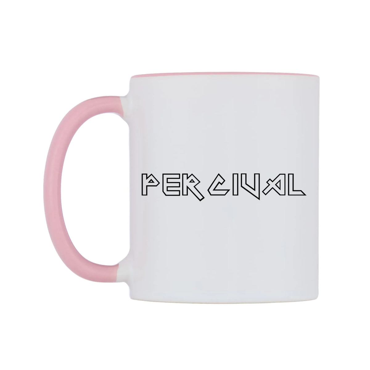 Percival - Iron Maiden Themed Mug — white 11oz gloss mug with a pink inside and handle, right side, on a white background