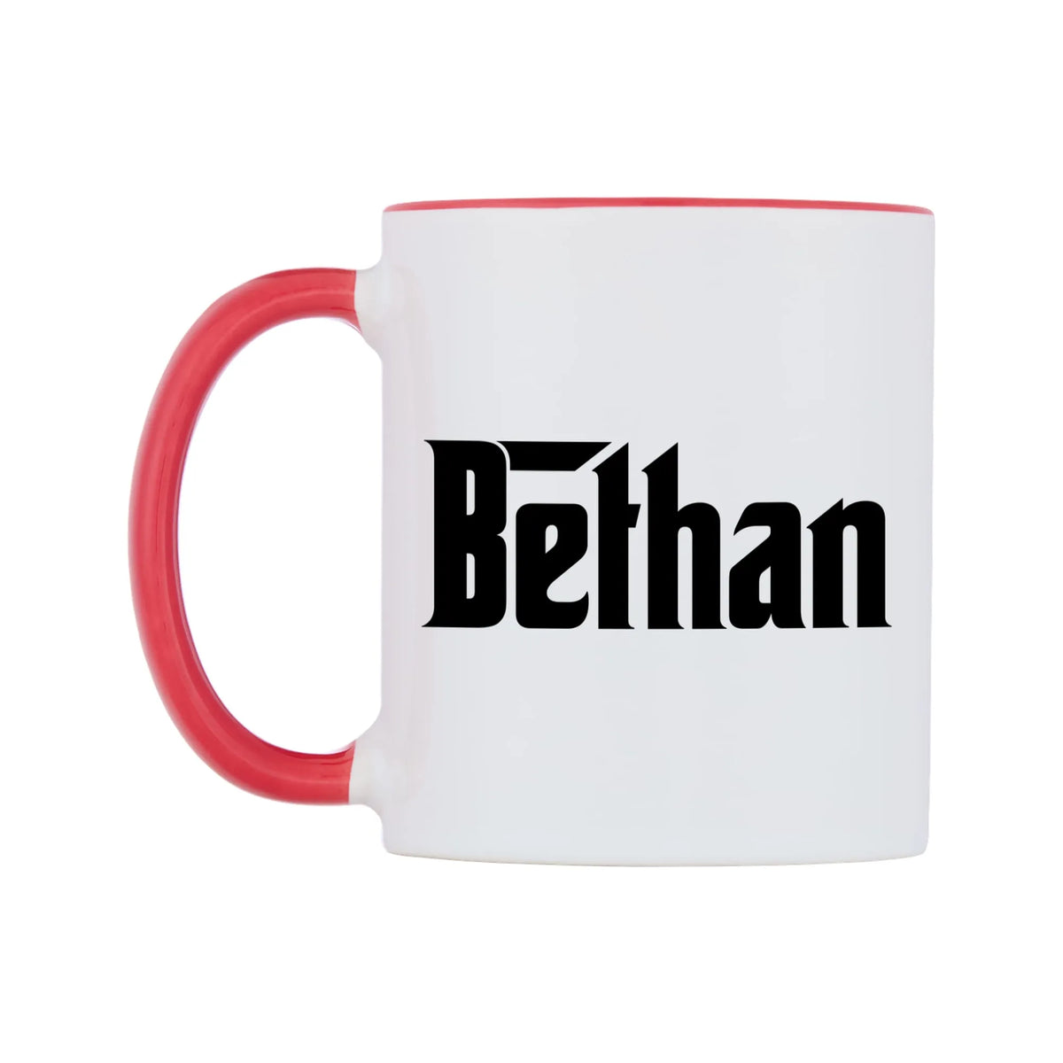 Bethan - Godfather Themed Mug — white 11oz gloss mug with a red inside and handle, right side, on a white background