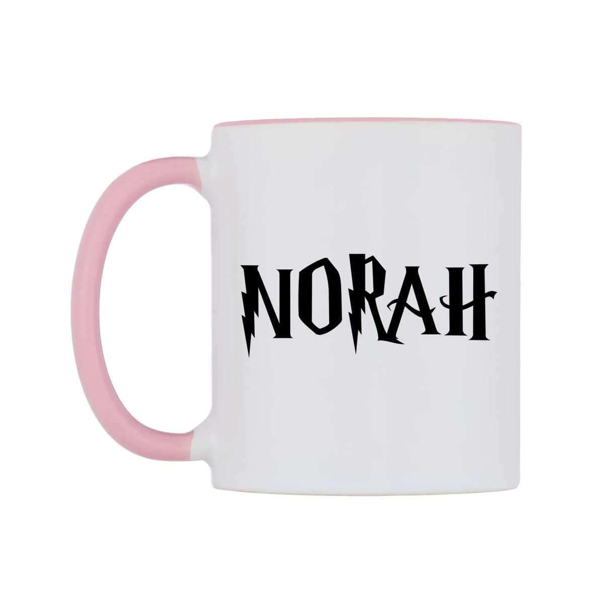 Norah - Wizard Themed Mug — white 11oz gloss mug with a pink inside and handle, right side, on a white background