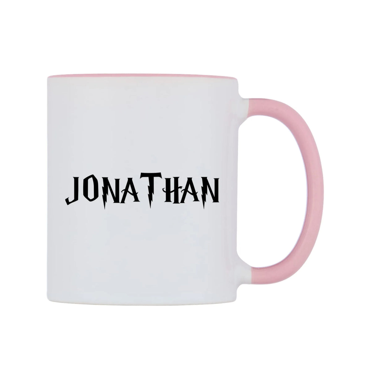 Jonathan - Wizard Themed Mug — white 11oz gloss mug with a pink inside and handle, left side, on a white background