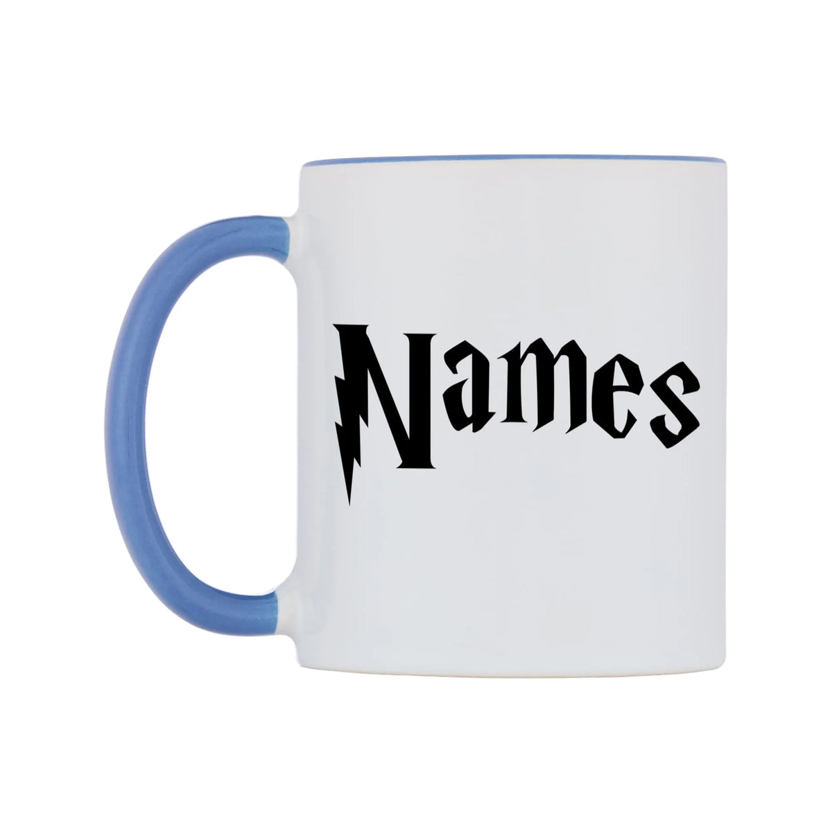 Personlised Wizard Themed Font Name Mug — white 11oz gloss mug with a cambridge blue inside and handle, right side, on a white background