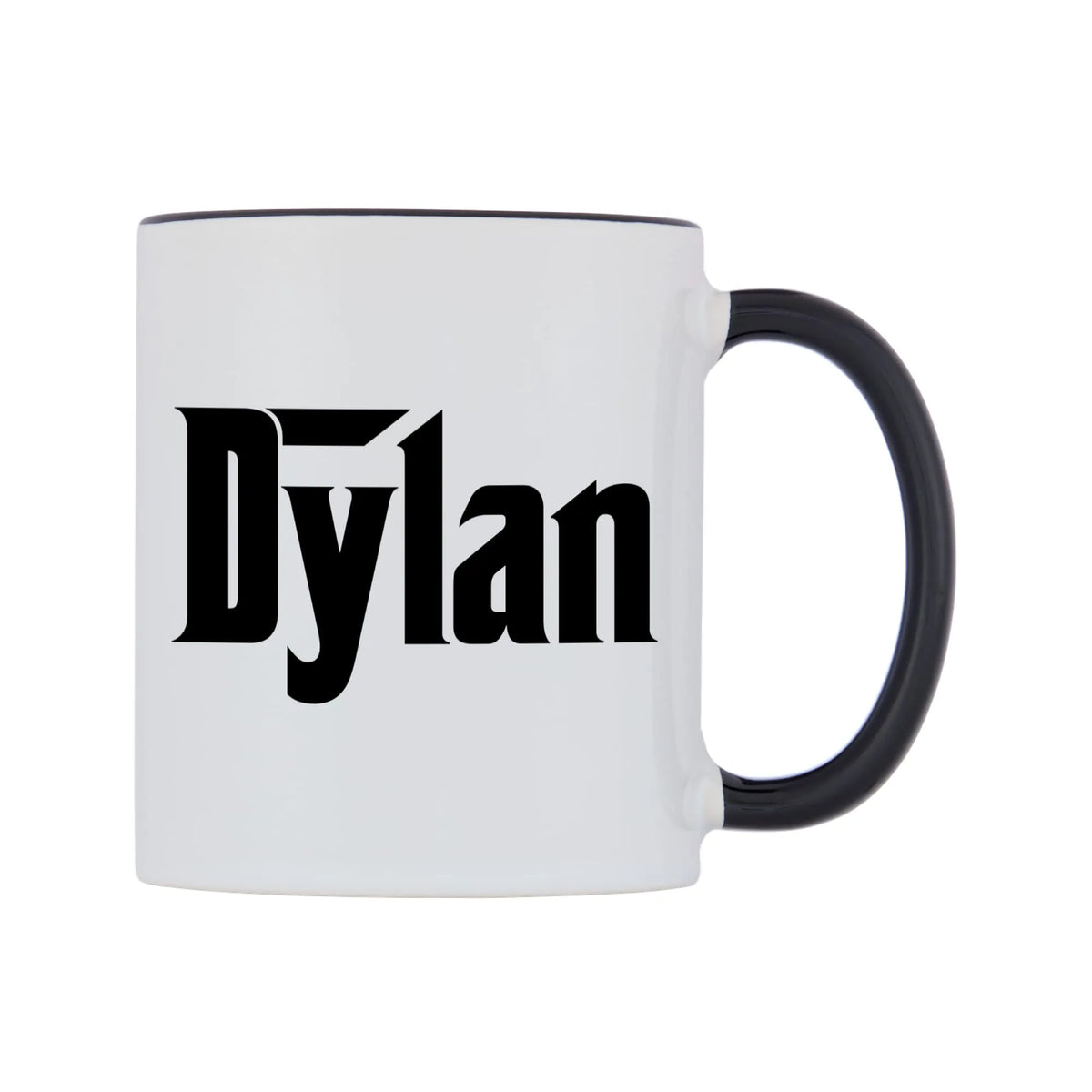 Dylan - Godfather Themed Mug — white 11oz gloss mug with a black inside and handle, left side, on a white background