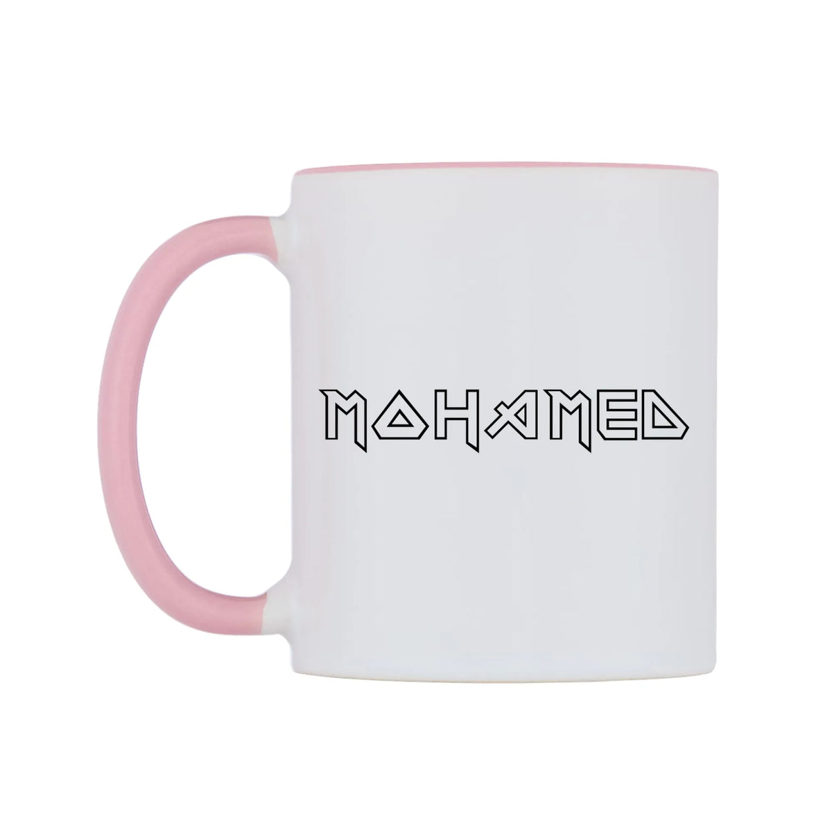 Mohamed - Iron Maiden Themed Mug — white 11oz gloss mug with a pink inside and handle, right side, on a white background