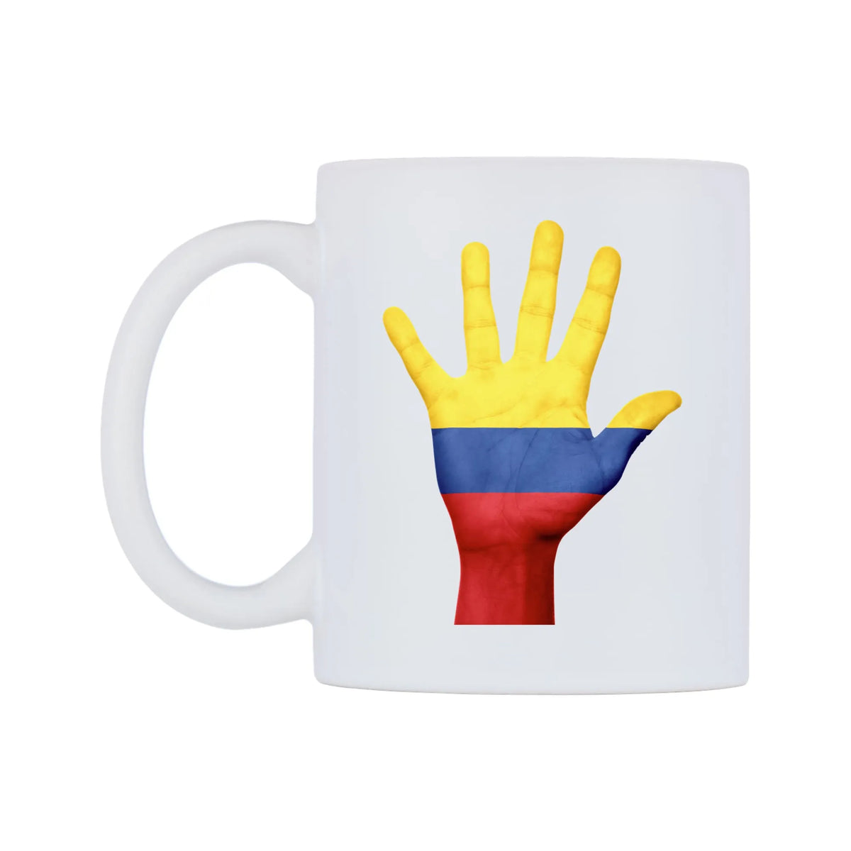 Colombia Hand Flag Mug — white 11oz gloss mug, right side, on a white background