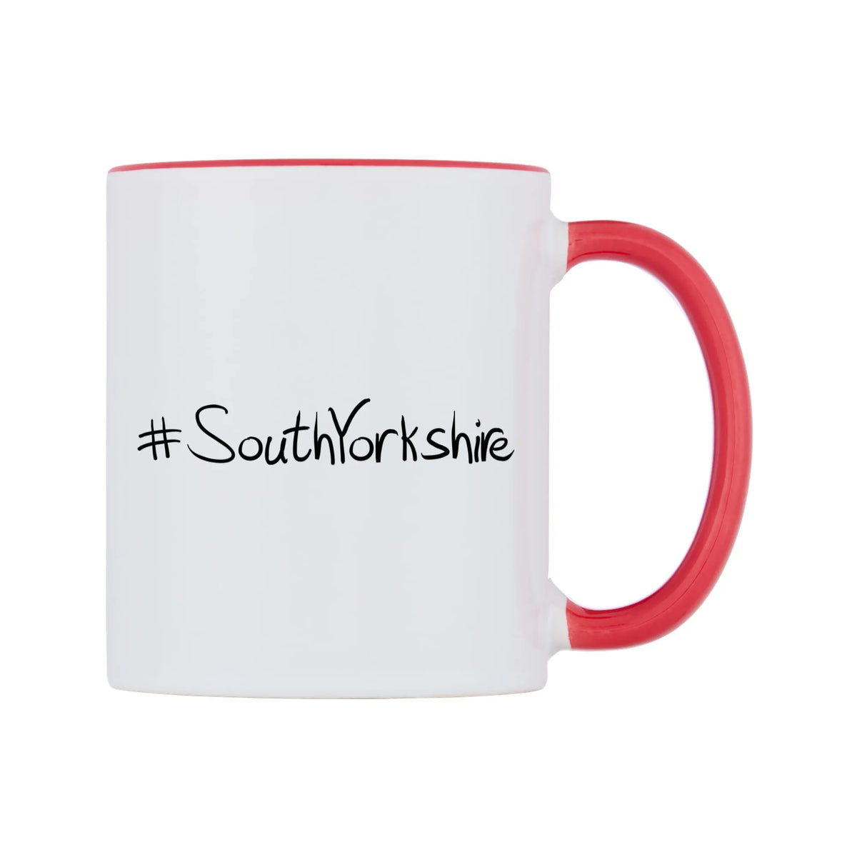 SouthYorkshire Mug — white 11oz gloss mug with a red inside and handle, left side, on a white background