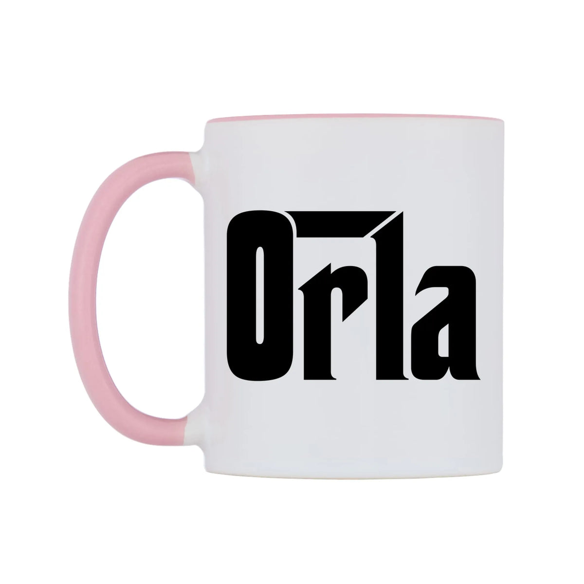 Orla - Godfather Themed Mug — white 11oz gloss mug with a pink inside and handle, right side, on a white background