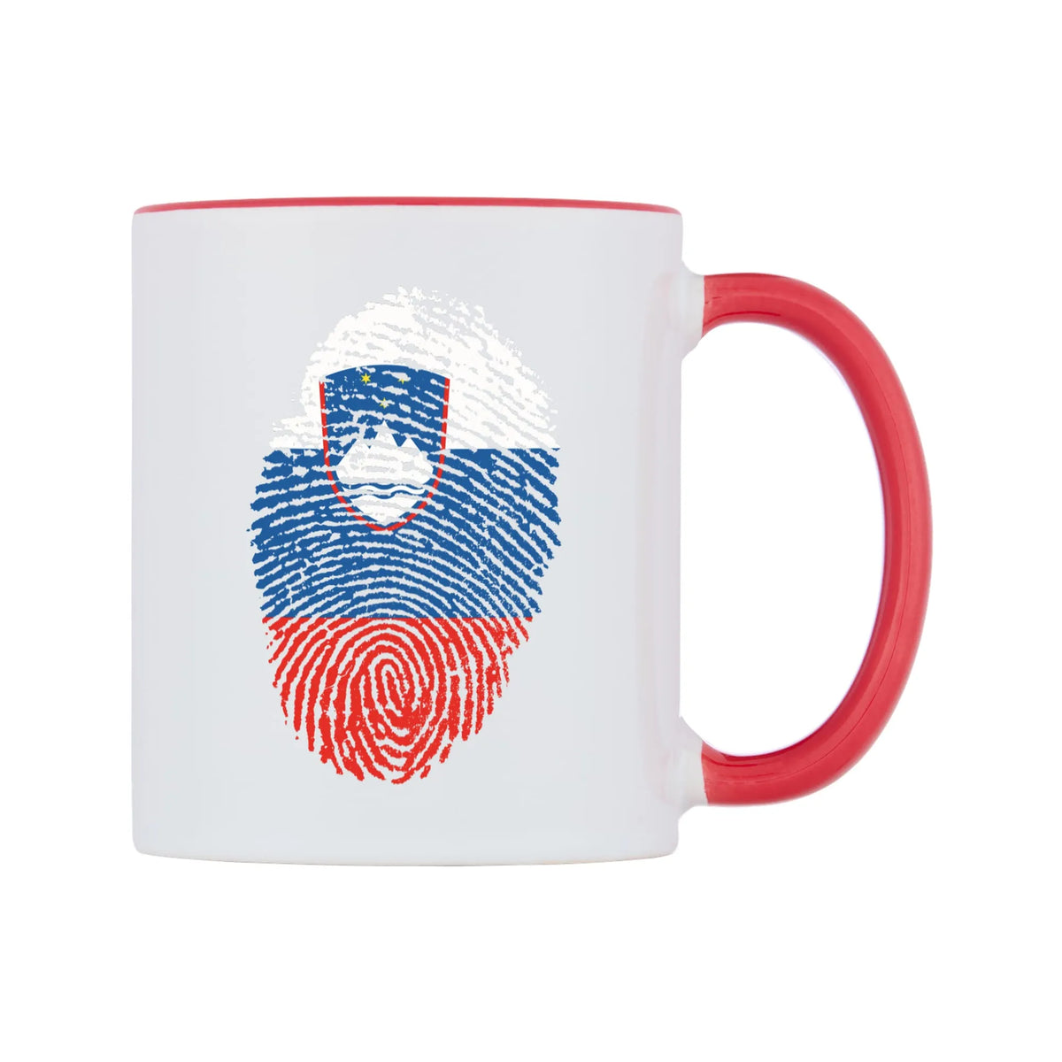 Slovenia Finger Print Flag Mug — white 11oz gloss mug with a red inside and handle, left side, on a white background