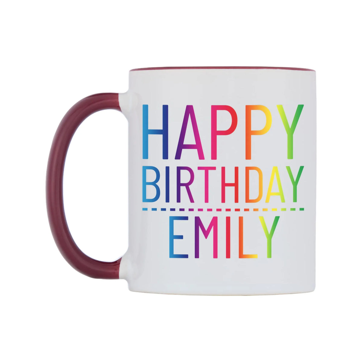 Personalised Happy Birthday (Rainbow) Mug — white 11oz gloss mug with a maroon inside and handle, right side, on a white background
