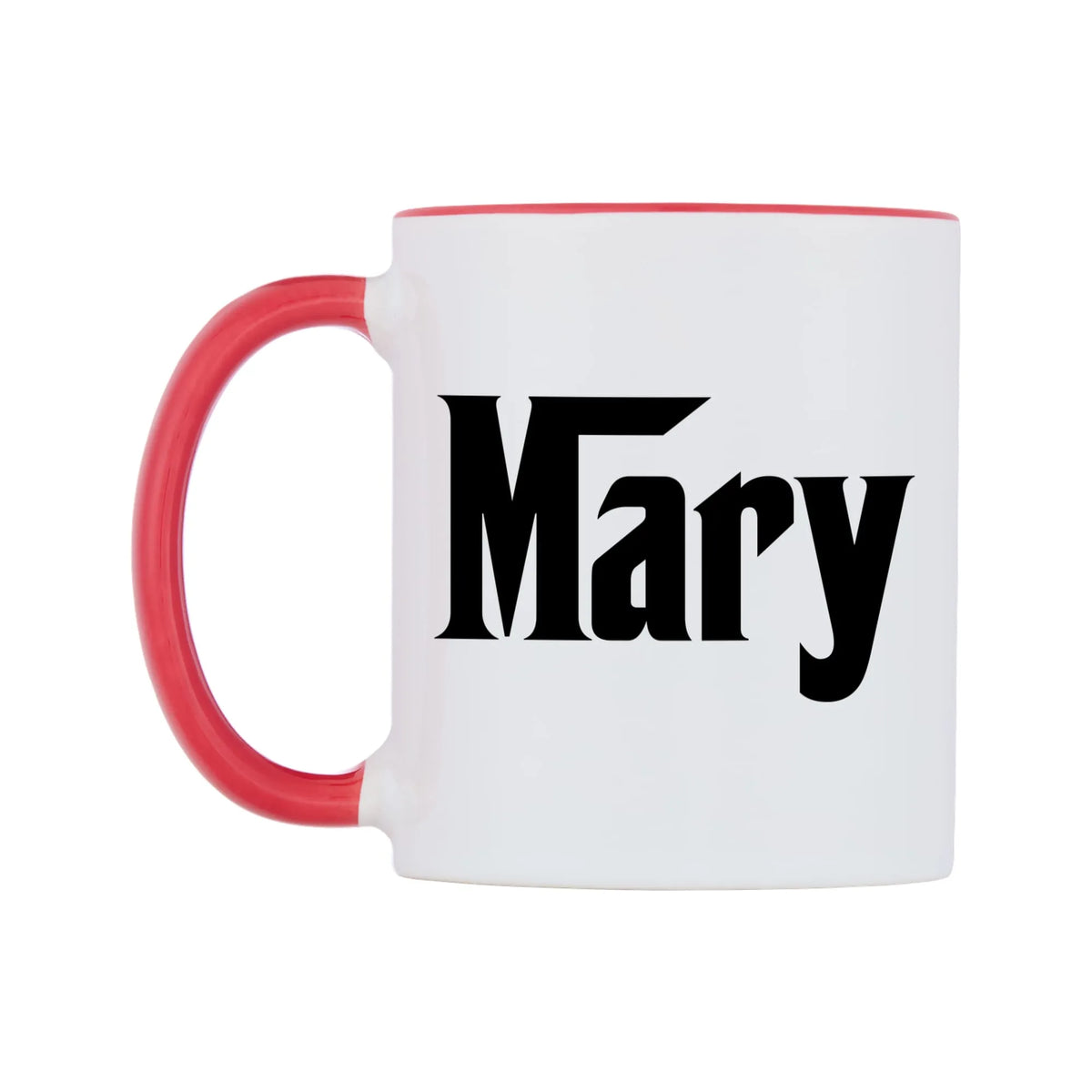 Mary - Godfather Themed Mug — white 11oz gloss mug with a red inside and handle, right side, on a white background