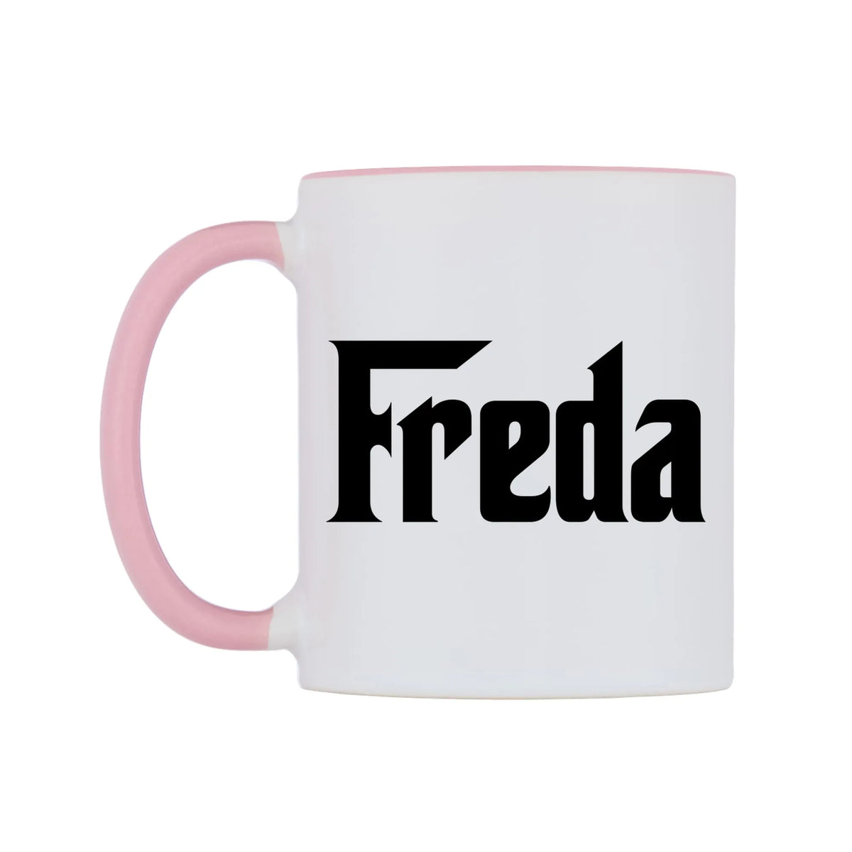 Freda - Godfather Themed Mug — white 11oz gloss mug with a pink inside and handle, right side, on a white background