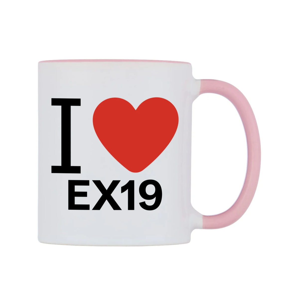 I Love EX19 Mug — white 11oz gloss mug with a pink inside and handle, left side, on a white background