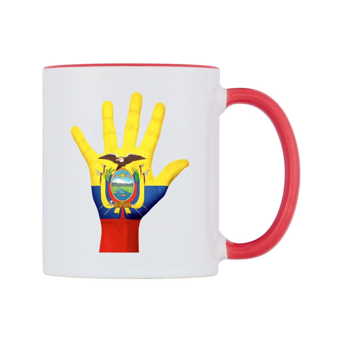 Ecuador Hand Flag Mug — white 11oz gloss mug with a red inside and handle, left side, on a white background