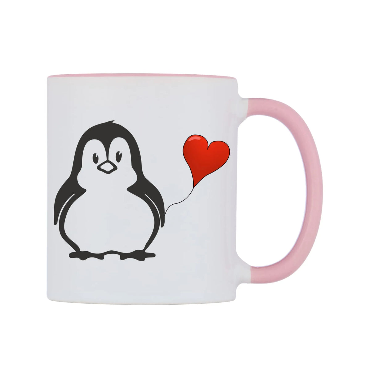 Love Heart Penguin Mug — white 11oz gloss mug with a pink inside and handle, left side, on a white background