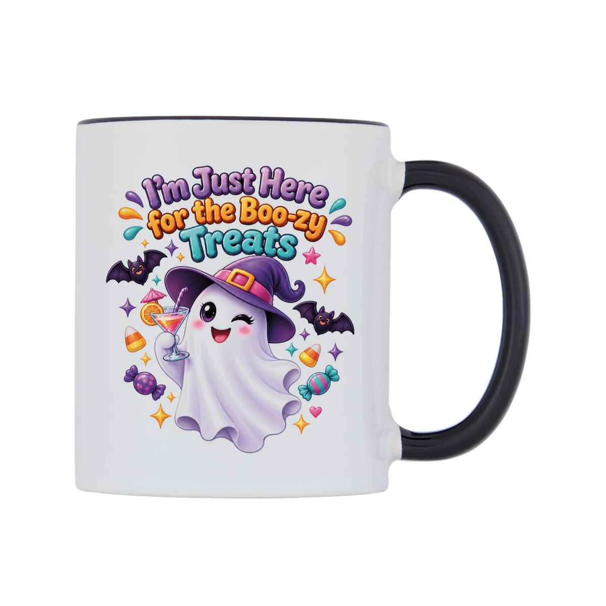 I'm Just Here for the Boo-zy Treats Mug — white 11oz gloss mug with a black inside and handle, left side, on a white background