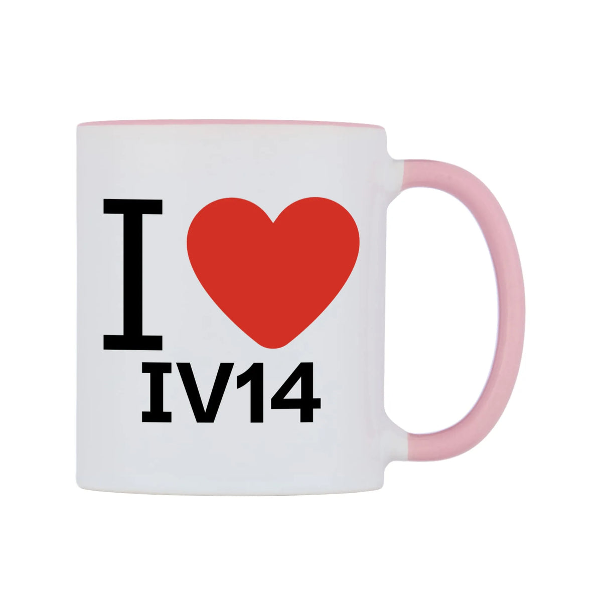 I Love IV14 Mug — white 11oz gloss mug with a pink inside and handle, left side, on a white background