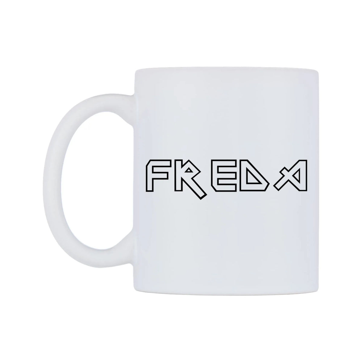 Freda - Iron Maiden Themed Mug — white 11oz gloss mug, right side, on a white background