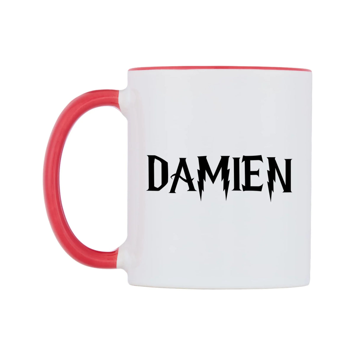Damien - Wizard Themed Mug — white 11oz gloss mug with a red inside and handle, right side, on a white background