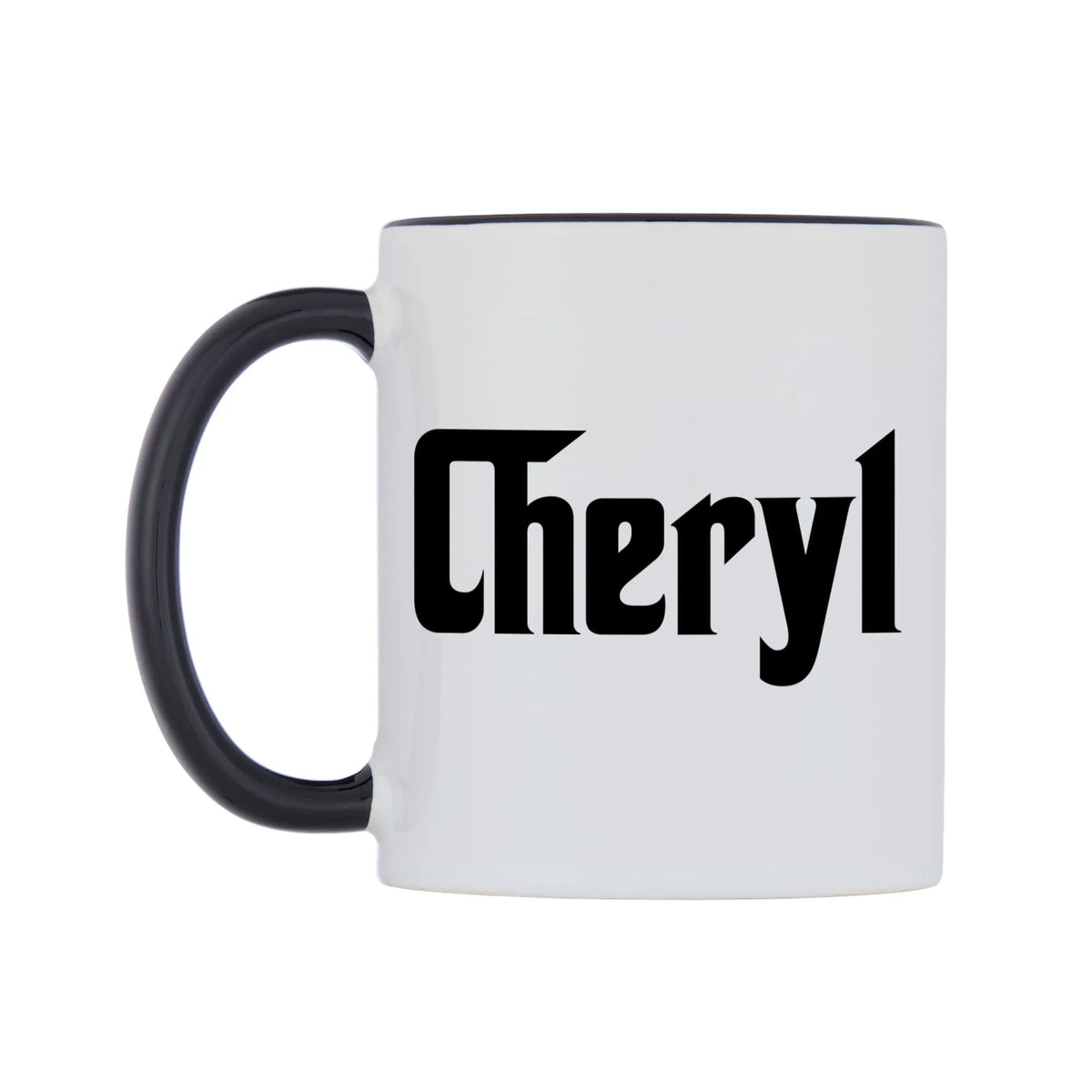 Cheryl - Godfather Themed Mug — white 11oz gloss mug with a black inside and handle, right side, on a white background