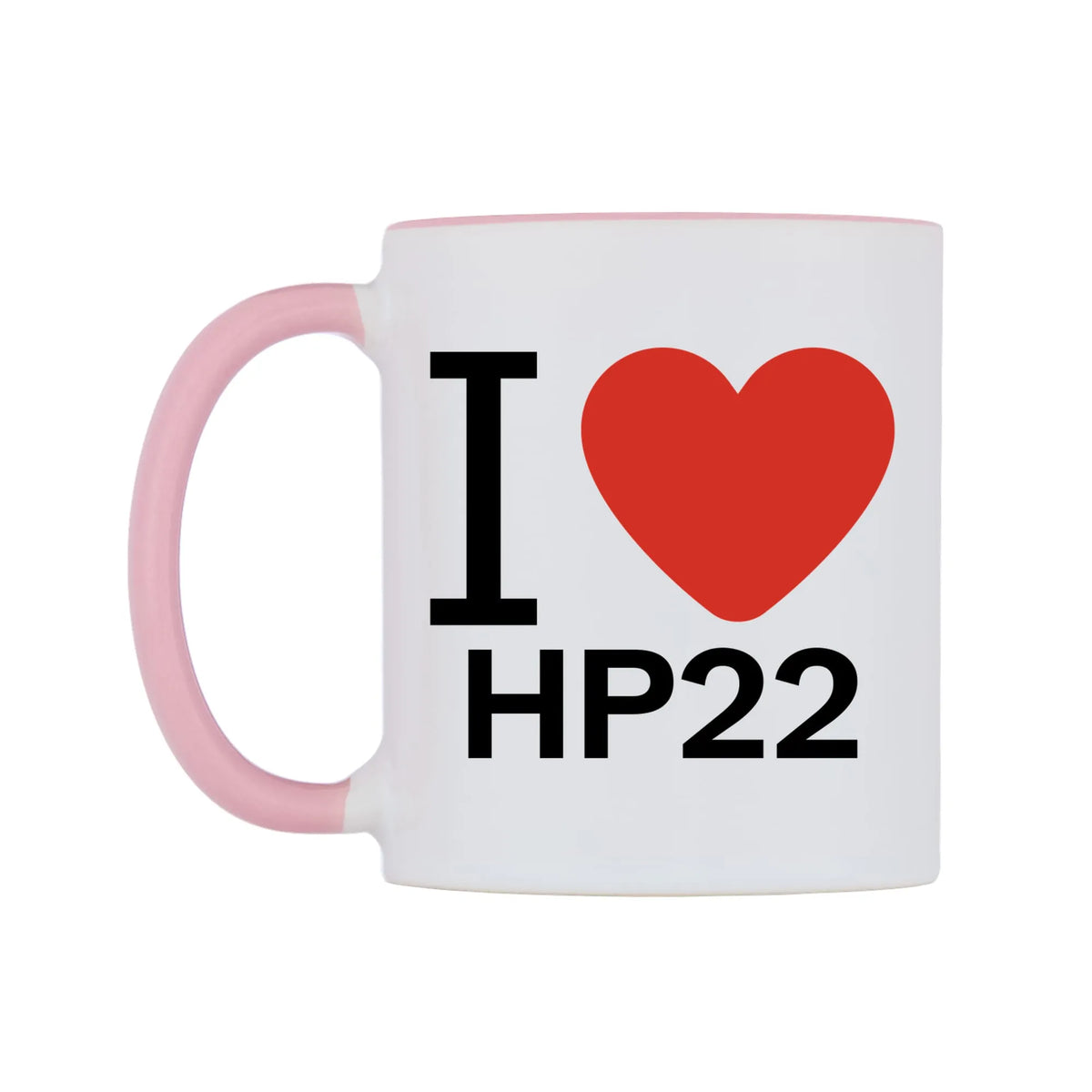 I Love HP22 Mug — white 11oz gloss mug with a pink inside and handle, right side, on a white background