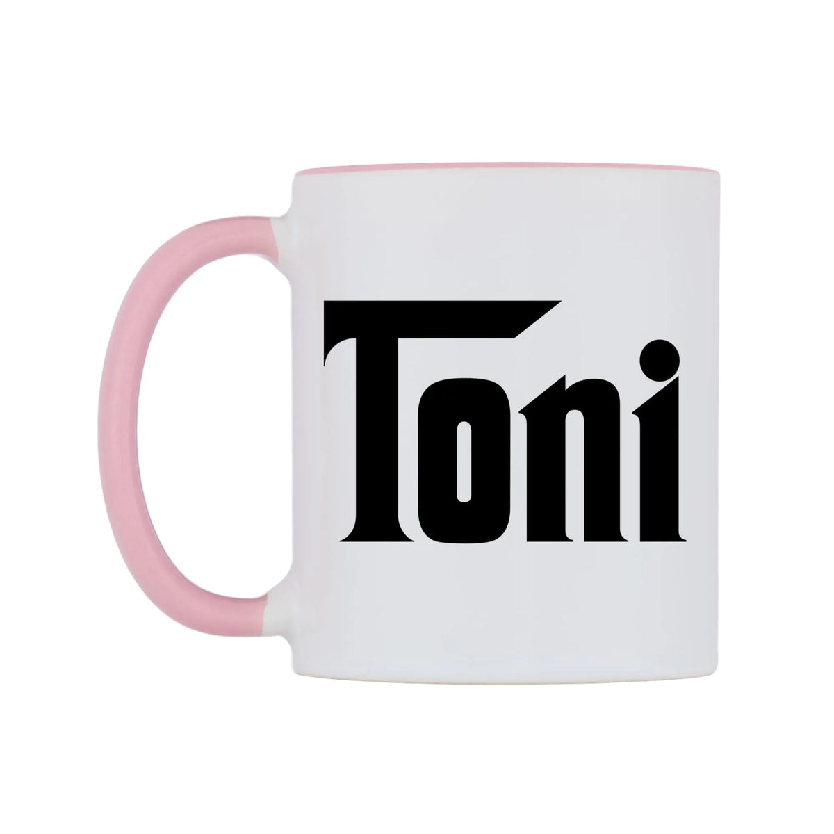 Toni - Godfather Themed Mug — white 11oz gloss mug with a pink inside and handle, right side, on a white background