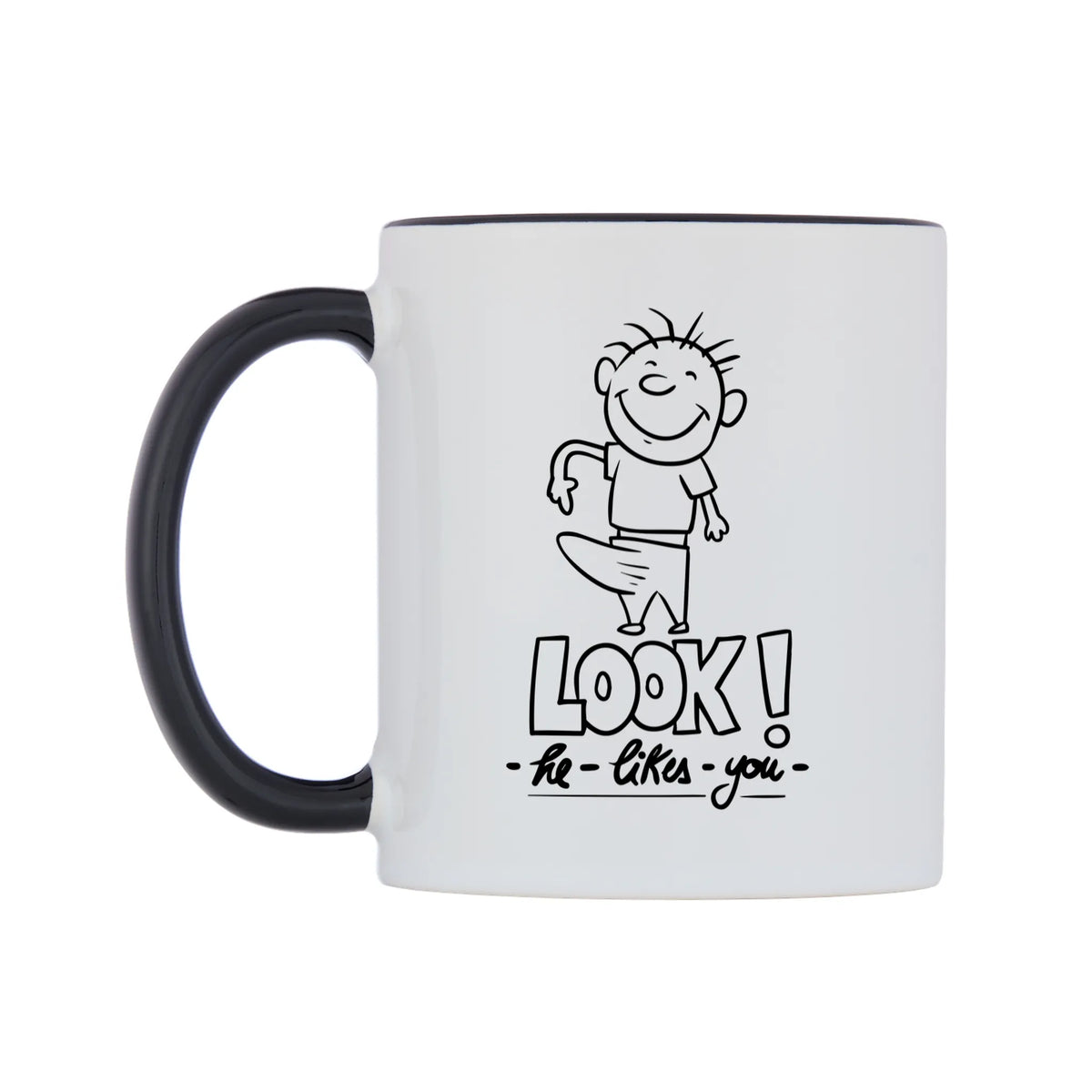 LOOK! - he - likes - you - Mug — white 11oz gloss mug with a black inside and handle, right side, on a white background