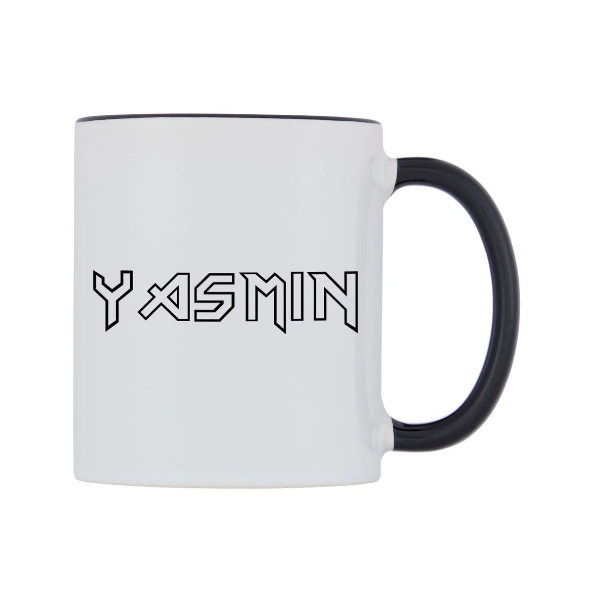 Yasmin - Iron Maiden Themed Mug — white 11oz gloss mug with a black inside and handle, left side, on a white background
