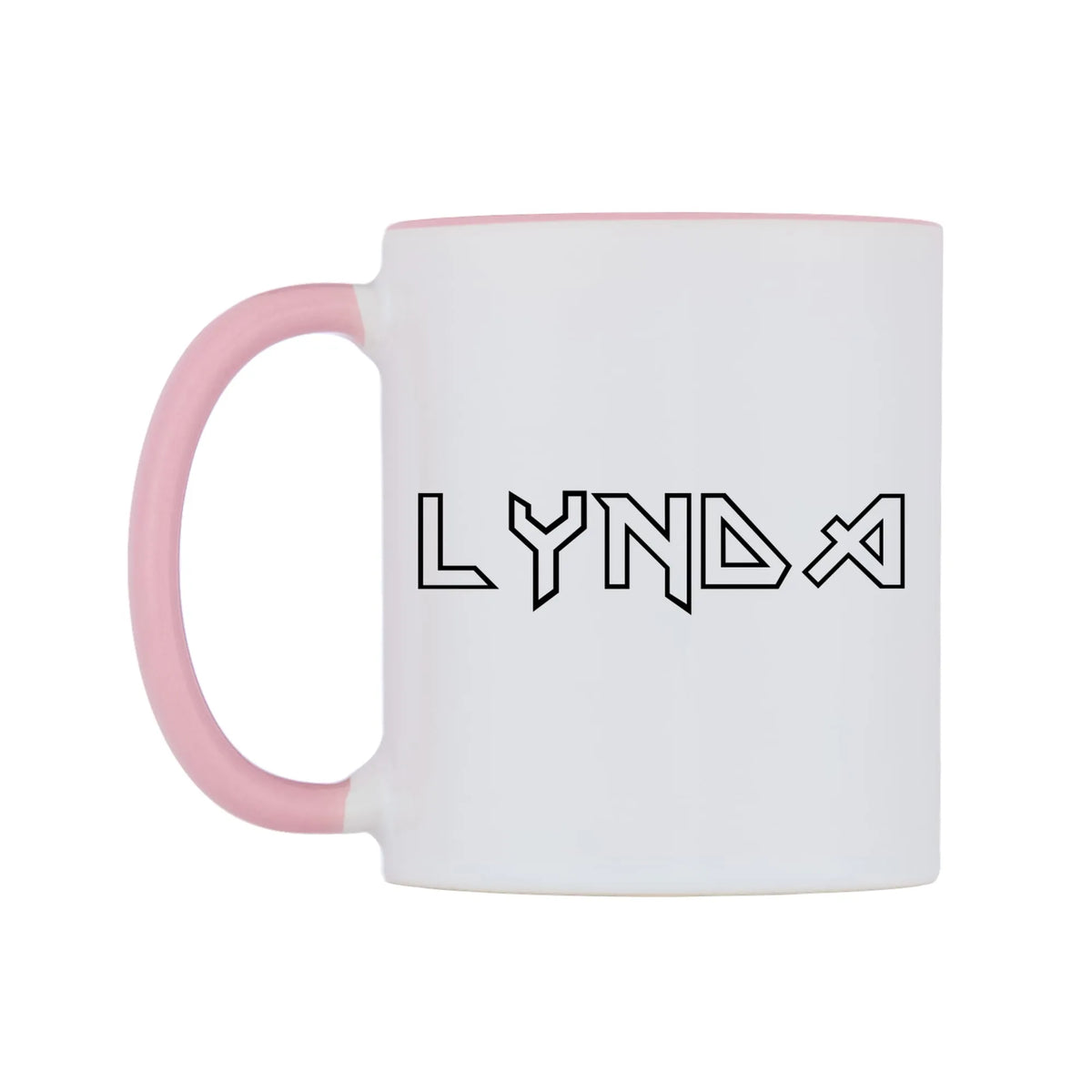 Lynda - Iron Maiden Themed Mug — white 11oz gloss mug with a pink inside and handle, right side, on a white background