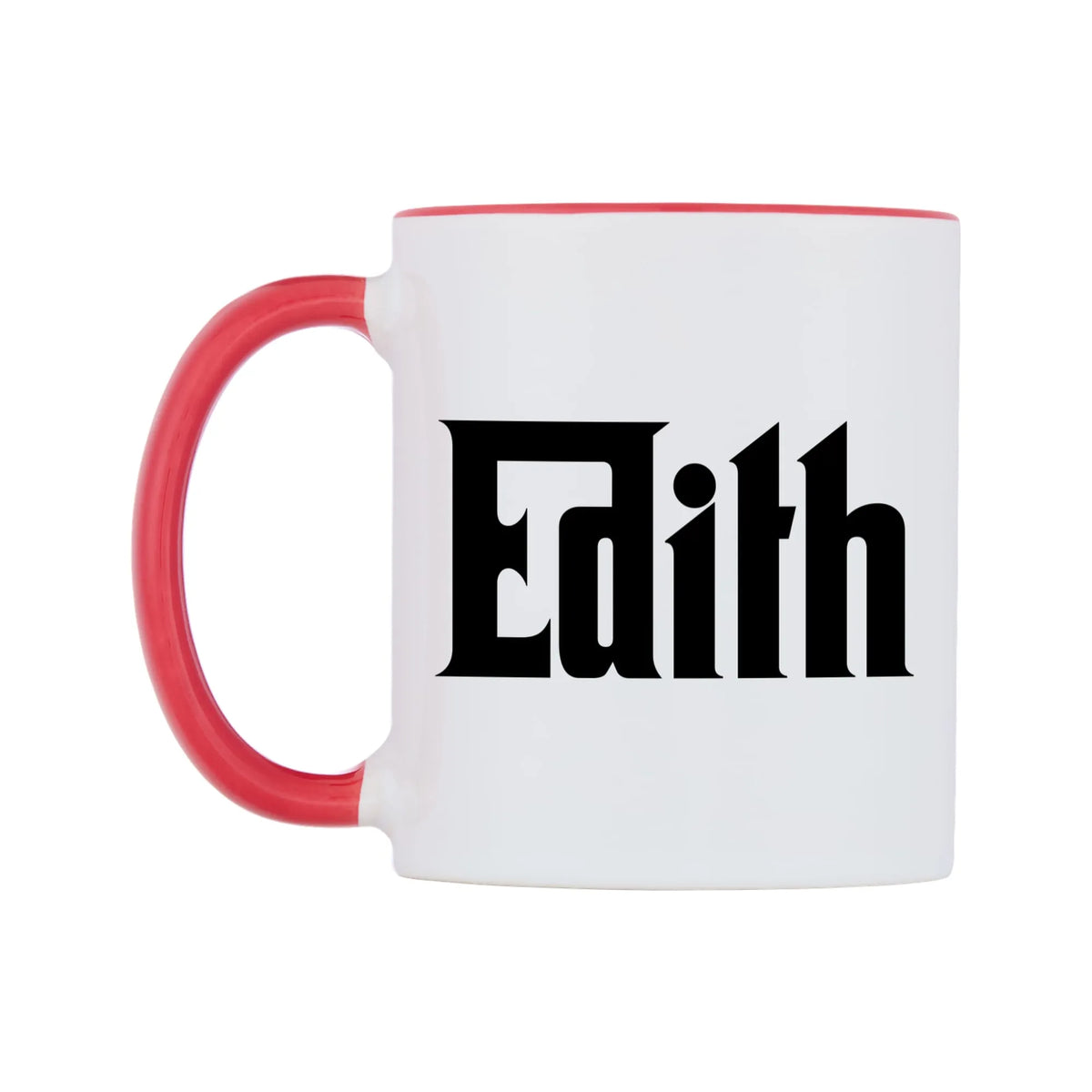 Edith - Godfather Themed Mug — white 11oz gloss mug with a red inside and handle, right side, on a white background