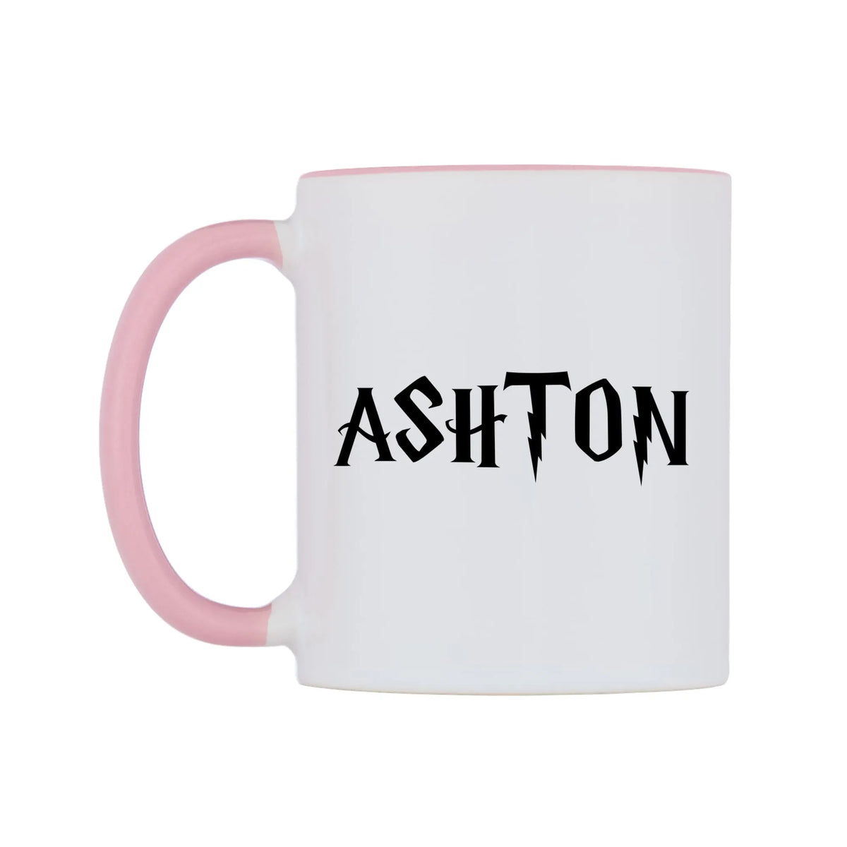 Ashton - Wizard Themed Mug — white 11oz gloss mug with a pink inside and handle, right side, on a white background